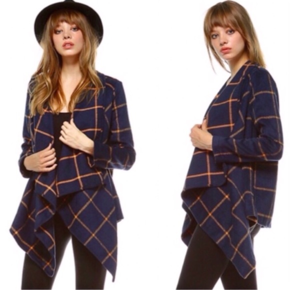 Jackets & Blazers - Navy Plaid Draped Open Front Jacket Jackets & Blazers - Navy Plaid Draped Open Front Jacket